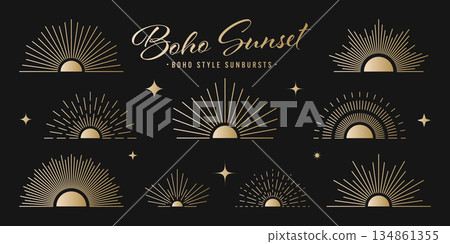 Vintage golden sunburst, sunset beams collection. Boho style, modern minimalist bohemian design. Hand drawn bursting sun, light rays. Logotype or lettering retro design element. Vector illustration 134861355