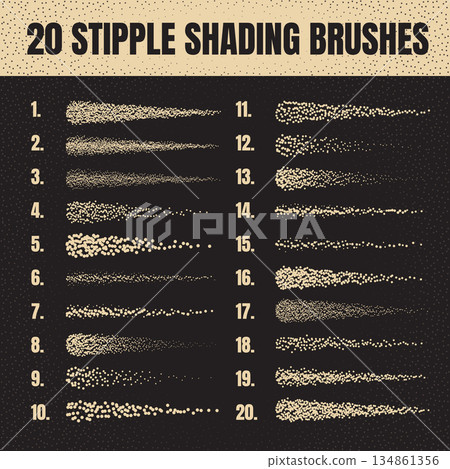 Ink scatter brush, stipple drawing and texturing. Fading gradient. Stippling, dotwork drawing, shading using dots. Halftone disintegration effect. White noise grainy texture. Vector illustration Ink scatter brush, stipple drawing and texturing. Fading gradient. Stippling, dotwork drawing, shading using dots. Halftone disintegration effect. White noise grainy texture. Vector illustration 134861356