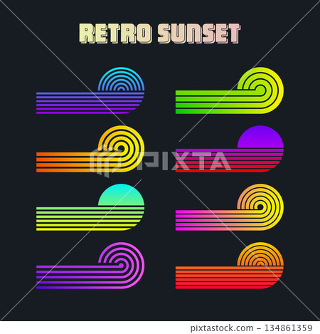 Vintage colorful sunset. Various gradient striped sunrise badges in 80s and 90s style. Sun and ocean view, summer vibes, surfing. Design element for print, logo or t-shirt. Vector illustration Vintage colorful sunset. Various gradient striped sunrise badges in 80s and 90s style. Sun and ocean view, summer vibes, surfing. Design element for print, logo or t-shirt. Vector illustration 134861359