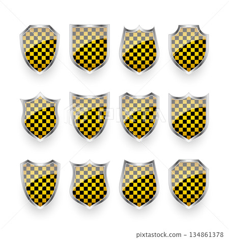 Glossy shields with yellow and black pattern. Security and protection concept. Cyber safety icons, internet privacy, web defense, digital data protection and antivirus themes. Vector illustration 134861378