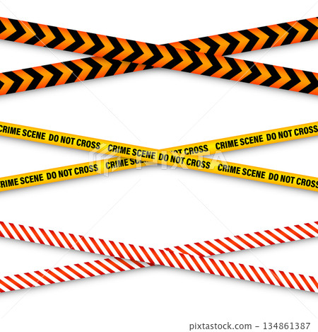 Barricade construction tape. Colorful police warning line, brightly colored danger or hazard stripe, ribbon. Restricted area, zone. Attention symbol. Vector illustration Barricade construction tape. Colorful police warning line, brightly colored danger or hazard stripe, ribbon. Restricted area, zone. Attention symbol. Vector illustration 134861387