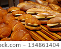 freshly baked bread on bakery display 134861404