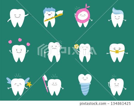 Set of Cute Cartoon Tooth Characters with Different Emotions and Dental Tools to Illustrate Professional Stomatology Concepts 134861425