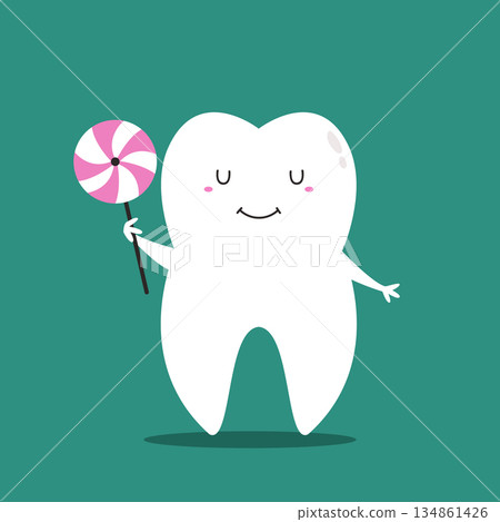 Happy Cartoon Tooth Character Holding a Lollipop to Explain the Risks of Sugar in Professional Stomatology Happy Cartoon Tooth Character Holding a Lollipop to Explain the Risks of Sugar in Professional Stomatology 134861426