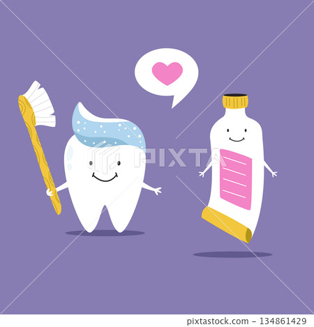 Smiling Cartoon Tooth and Toothpaste Characters with Heart to Promote Professional Stomatology and Oral Hygiene 134861429