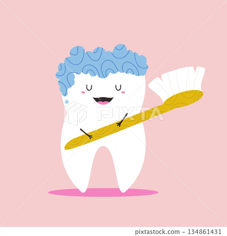 Happy Tooth Character with Toothbrush and Blue Foam to Illustrate Proper Dental Cleaning Routine Happy Tooth Character with Toothbrush and Blue Foam to Illustrate Proper Dental Cleaning Routine 134861431
