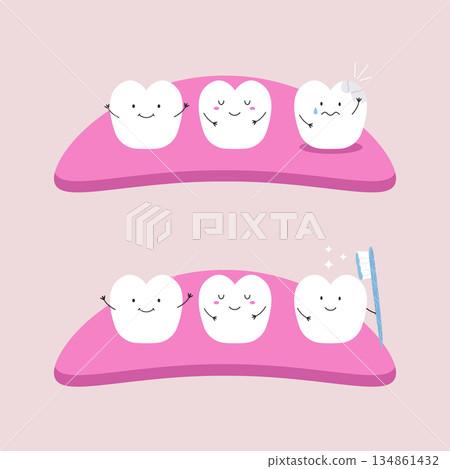 Cute Cartoon Tooth Characters on Gums to Compare Dental Problems. Adorable Vector Illustration 134861432