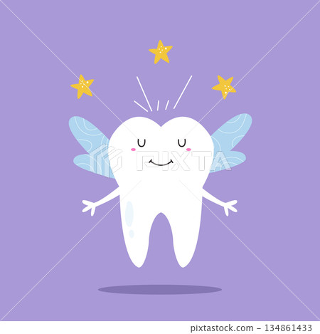 Cute Cartoon Tooth Fairy Character with Wings and Stars 134861433