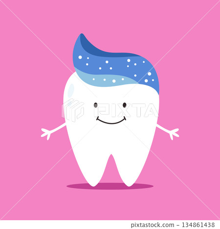 Cute Cartoon Tooth Character with Toothpaste Foam. Adorable Vector Illustration 134861438