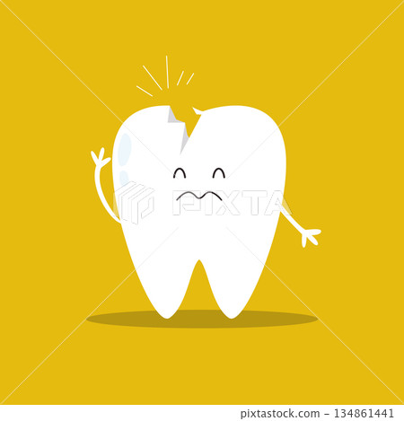 Sad Broken Tooth Character with Crack to Illustrate Dental Pain and Need for Professional Stomatology Treatment 134861441
