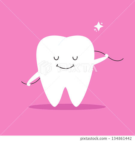 Cute Smiling Cartoon Tooth with Floss to Promote Dental Health and Oral Hygiene 134861442