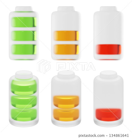 3D Battery Charge Level Icon Set Full Half and Low Battery 3D Battery Charge Level Icon Set Full Half and Low Battery 134861641