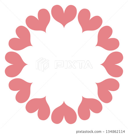 Simple circular frame made of bold pink heart shapes arranged in a clean, modern ring. Minimal and playful design perfect for Valentines Day, love themed graphics, cards, stickers, and invitations Simple circular frame made of bold pink heart shapes arranged in a clean, modern ring. Minimal and playful design perfect for Valentines Day, love themed graphics, cards, stickers, and invitations 134862114