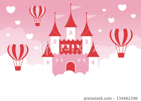 Cute background illustration of a heart-shaped balloon and castle floating in the pink sky Cute background illustration of a heart-shaped balloon and castle floating in the pink sky 134862296