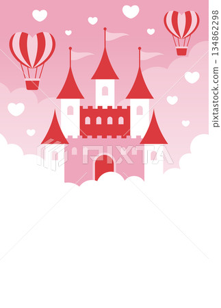 Cute background illustration of a heart-shaped balloon and castle floating in the pink sky Cute background illustration of a heart-shaped balloon and castle floating in the pink sky 134862298