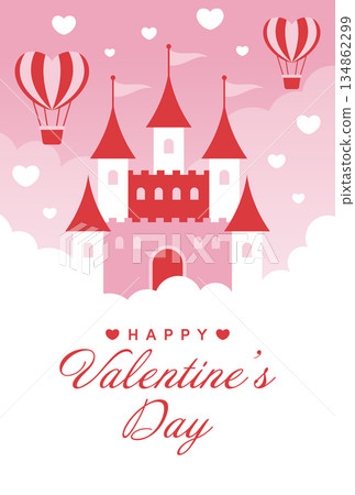 Cute background illustration of a heart-shaped balloon and castle floating in the pink sky Cute background illustration of a heart-shaped balloon and castle floating in the pink sky 134862299