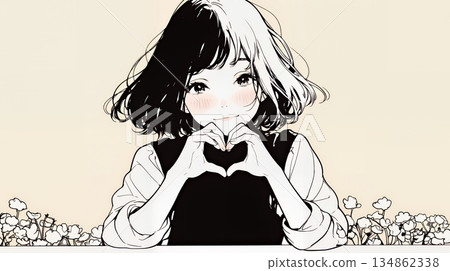 A young woman expressing her love by making a heart symbol with her hands (simple colors) 134862338