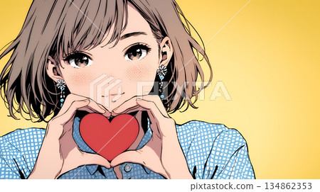 一位年輕女子用雙手比出一個心形來表達她的愛意。 一位年輕女子用雙手比出一個心形來表達她的愛意。 134862353