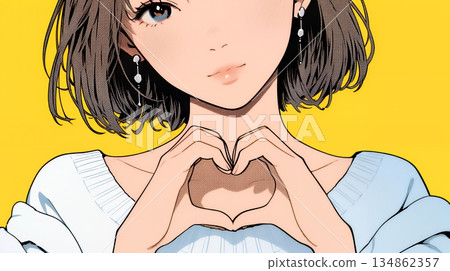 A young woman expressing her love by making a heart symbol with her hands 134862357