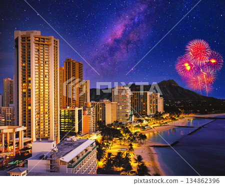 Beautiful night view of Waikiki Beach on Oahu 134862396
