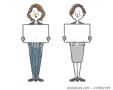 職業婦女手持白板，全身向量圖 134862449