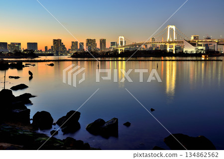 Odaiba Seaside Park: Rainbow Bridge and pier at dusk Odaiba Seaside Park: Rainbow Bridge and pier at dusk 134862562