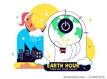 Happy Earth Hour Day Vector Illustration Featuring Cloud, Light Bulb, World Map, And Turning Off Lights Theme In Flat Cartoon Background 134862919