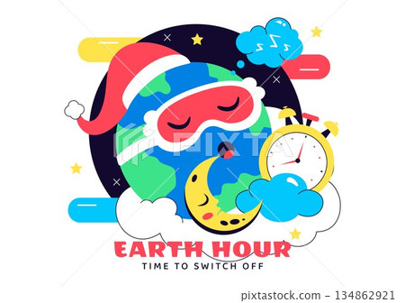 Happy Earth Hour Day Vector Illustration Featuring Cloud, Light Bulb, World Map, And Turning Off Lights Theme In Flat Cartoon Background 134862921