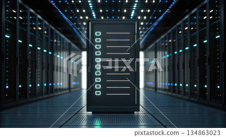 Modern data server rack in high tech data center with illuminated indicators and sleek design 134863023