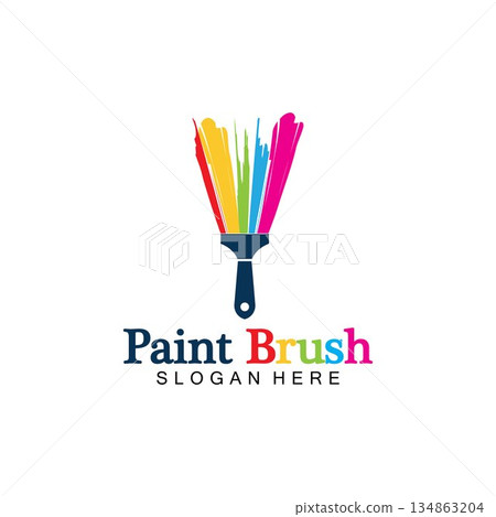 Abstract vector painting brush and colorful paint splash icon, emblem, logo design with color alternative and greyscale version. Editable EPS format design element, arts and crafts concept. 134863204