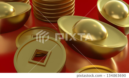 Luxury Golden Chinese Ingots and Coins on Red Background 3d render. 134863690