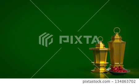 Golden Ramadan Lanterns with Dates on Green Background 3d render. Golden Ramadan Lanterns with Dates on Green Background 3d render. 134863702