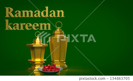 Ramadan Kareem Greeting with Golden Lanterns on Green Background 3d render. 134863705