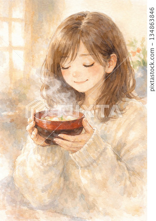 元旦——女子吃著佐尼麵——水彩插畫 134863846