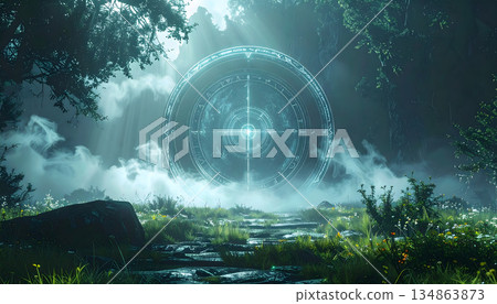 在霧氣瀰漫的幽深森林中，出現了一個神祕的景象。 134863873