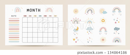 空白月亮紫紫寫字板，手繪風格可愛彩虹日曆設計，文章簿，寫作簿，待辦事項清單，備忘錄框，日記素材頁 134864186