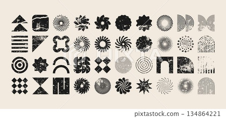 Brutalist geometric shapes, modern grunge symbols. Simple primitive elements and forms, distressed details. Retro design, aged, vintage, trendy contemporary minimalist style, y2k. Vector illustration 134864221