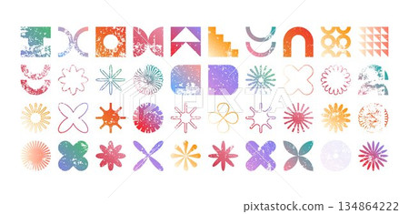 Colorful geometric shapes, modern grunge symbols. Simple primitive elements and forms, distressed details. Retro design, aged, vintage, trendy contemporary minimalist style, y2k. Vector illustration Colorful geometric shapes, modern grunge symbols. Simple primitive elements and forms, distressed details. Retro design, aged, vintage, trendy contemporary minimalist style, y2k. Vector illustration 134864222
