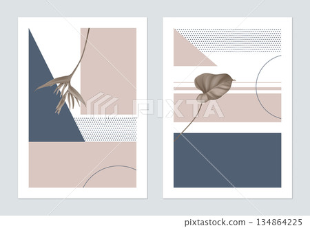 Minimalist botanical poster template design, plants and symmetry shapes, blue and brown tones 134864225