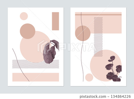 Minimalist botanical poster template design, plants and symmetry shapes, brown tones Minimalist botanical poster template design, plants and symmetry shapes, brown tones 134864226