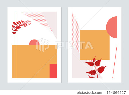 Minimalist botanical poster template design, plants and symmetry shapes, red and orange tones 134864227