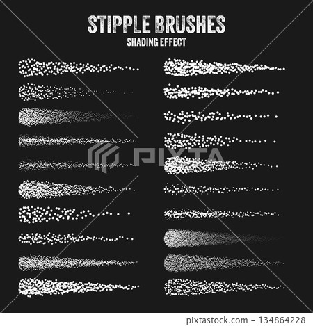 Ink scatter brush, stipple drawing and texturing. Fading gradient. Stippling, dotwork drawing, shading using dots. Halftone disintegration effect. White noise grainy texture. Vector illustration 134864228
