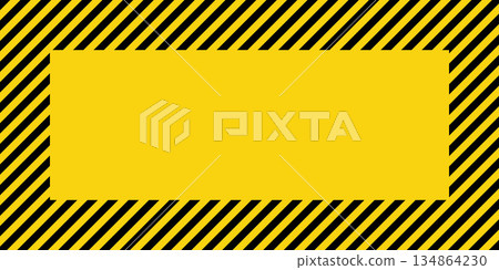 Warning sign with yellow and black diagonal lines. Attention, danger or caution symbol. Construction site signage, road safety notice, hazard banner, security alert shield. Vector illustration 134864230