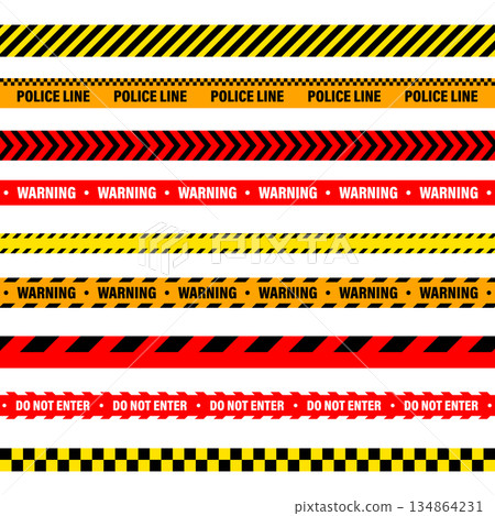 Barricade construction tape. Colorful police warning line, brightly colored danger or hazard stripe, ribbon. Restricted area, zone. Attention symbol. Vector illustration Barricade construction tape. Colorful police warning line, brightly colored danger or hazard stripe, ribbon. Restricted area, zone. Attention symbol. Vector illustration 134864231