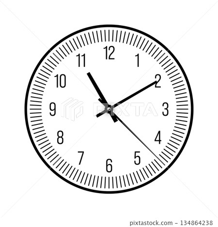 Mechanical clock face with arabic numerals, bezel. Watch dial with minute, hour marks and numbers. Timer or stopwatch element. Blank measuring circle scale with divisions. Vector illustration Mechanical clock face with arabic numerals, bezel. Watch dial with minute, hour marks and numbers. Timer or stopwatch element. Blank measuring circle scale with divisions. Vector illustration 134864238