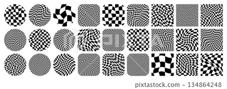 Groovy checkered pattern, colorful tiled grid. Vintage wavy curved backdrop, distortion effect. Funky geometric chessboard texture, retro background in 90s style, y2k. Vector illustration 134864248