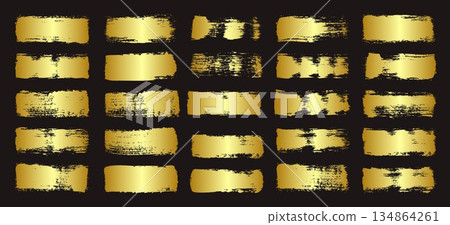 Golden brush strokes, lines, ink smudges, hand-drawn scribble shapes. Handmade sketchy marks, acrylic stains, charcoal streaks. Paint textures, dry brush effect. Marker underline. Vector illustration 134864261