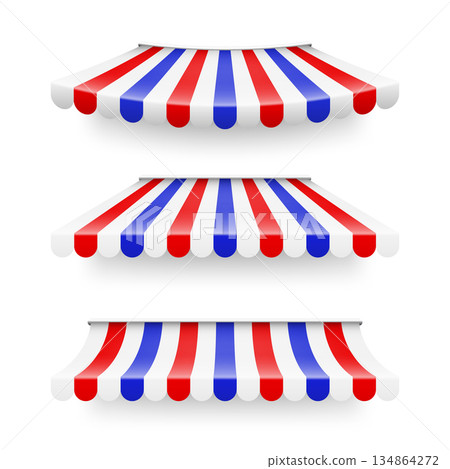Shop sunshade. Realistic striped cafe awning. Outdoor market tent. Roof canopy in French flag colors. Summer street store. Vector illustration. Shop sunshade. Realistic striped cafe awning. Outdoor market tent. Roof canopy in French flag colors. Summer street store. Vector illustration. 134864272