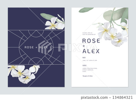 Floral wedding invitation card template design, white plumeria flowers  with leaves on dark purple and white 134864321