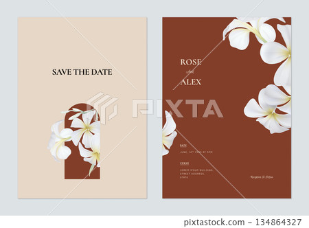 Minimalist floral wedding invitation card template design, white plumeria flowers on bright orange and dark red 134864327